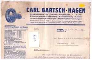 Schreiben Carl Bartsch Hagen Spezialhaus für Fischer-Kugellager Auto-Zubehör Auto-Ersatzteile 1930