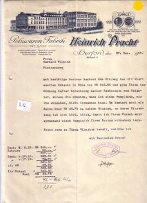 Schreiben Begleichung einer Rechnung Pelzwaren-Fabrik Heinrich Pracht Bäckerstr. 7 Herford 1938 R...