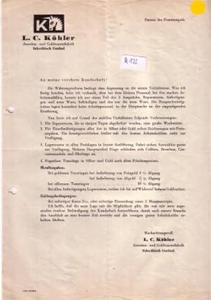 Bild des Verkufers fr Schreiben L. C. Khler Juwelen- und Goldwarenfabrik Schwbisch Gmnd vor 1950 zu datieren zum Verkauf von GAENSAN Versandantiquariat