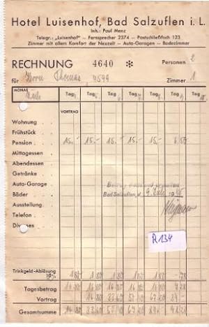 Rechnung Hotel Luisenhof Bad Salzuflen Inh.: Paul Menz 1940