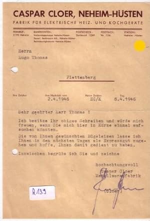 Schreiben Caspar Cloer Neheim-Hüsten Fabrik für elektrische Heiz- und Kochgeräte 1946