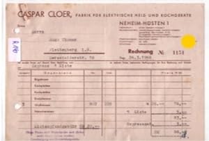 Rechnung Caspar Cloer Neheim-Hüsten Fabrik für elektrische Heiz- und Kochgeräte 1948