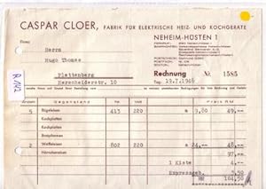 Rechnung Caspar Cloer Neheim-Hüsten Fabrik für elektrische Heiz- und Kochgeräte 1946