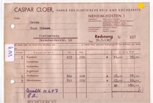 Rechnung Caspar Cloer Neheim-Hüsten Fabrik für elektrische Heiz- und Kochgeräte 1947