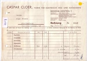Arnsberg Neheim-Hüsten Rechnung Caspar Cloer Fabrik für elektrische Heiz- und Kochgeräte 1946
