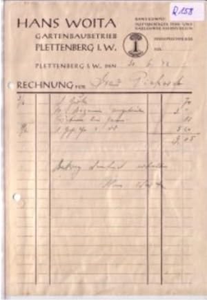 Rechnung Hans Woita Gartenbaubetrieb Plettenberg 1942