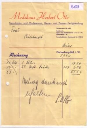 Rechnung Herbert Otto Modehaus Manufaktur- und Modewaren Herrenkleidung Damenkleidung 1942