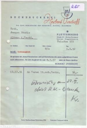 Rechnung Herbert Overhoff Buchdruckerei Plettenberg 1952
