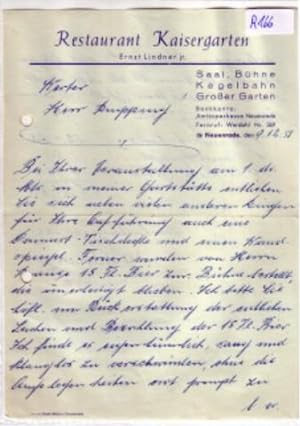 Schreiben mit handschrftl. Rechnung Restaurant Kaisergarten Ernst Lindner jr. Neuenrade 1951