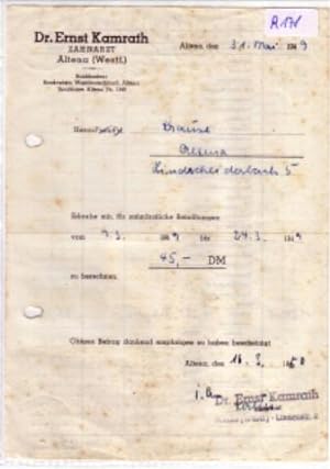 Rechnung Dr. Ernst Kamrath Zahnarzt Altena 1949