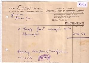Rechnung Karl Schlieck Altena Herd- und Ofen-Spezialgeschäft 1950