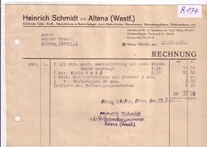 Rechnung Heinrich Schmidt Altena Elektro Elektrizität 1951