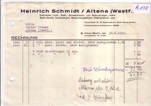 Rechnung Heinrich Schmidt Altena Elektro Elektrizität 1952