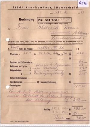 Rechnung Städtisches Krankenhaus Lüdenscheid 1952 Operations- und Verbandsunkosten