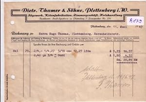 Rechnung Dietr. Thamer & Söhne Plettenberg Sägewerk Kistenfabrikation Zimmergeschäft Holzhandlung...