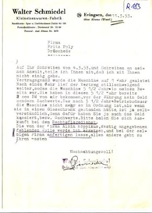 Schreiben Walter Schmiedel Kleineisenwaren-Fabrik Evingsen über Altena 1953