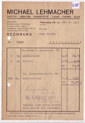 Bild des Verkufers fr Rechnung Plettenberg Michael Lehmacher Tapeten Linoleum Wandstoffe Lacke Farben Glas 1947 zum Verkauf von GAENSAN Versandantiquariat