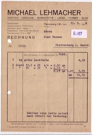 Rechnung Michael Lehmacher Plettenberg Tapeten Linoleum Wandstoffe Lacke Farben Glas 1948