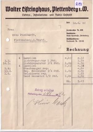 Rechnung Walter Listringhaus Plettenberg Elektrogeschäft Radio-Geschäft 1942