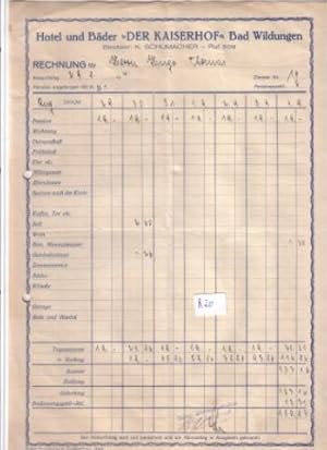 Rechnung Hotel und Bäder DER KAISERHOF Bad Wildungen Besitzer: K. Schumacher 1941