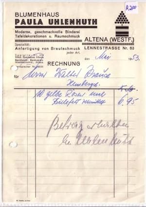 Rechnung Paula Uhlenhuth Altena 1953 Blumenhaus Binderei Tafeldekorationen Raumschmuck Spezialitä...