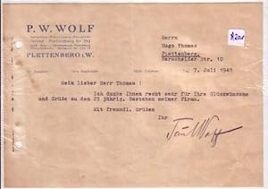 Schreiben bzgl. Dank Firmenjubiläum P. W. Wolf Plettenberg 1948