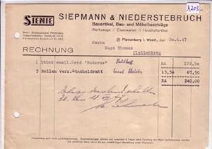 Rechnung Siepmann & Niederstebruch Plettenberg Bauartikel Möbelbeschläge Werkzeuge Eisenwaren 1947