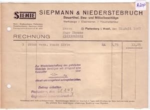 Rechnung Siepmann & Niederstebruch Plettenberg Bauartikel Möbelbeschläge Werkzeuge Eisenwaren 1947