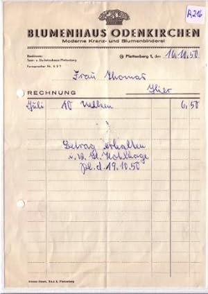 Rechnung Blumenhaus Odenkirchen Plettenberg Kranzbinderei Blumenbinderei 1950