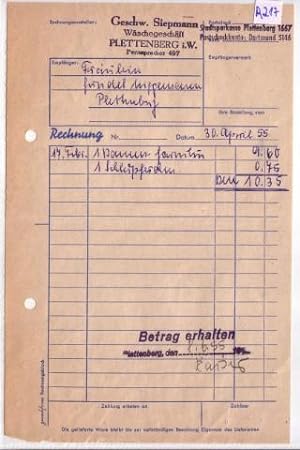 Rechnung Geschw. Siepmann Plettenberg Wäschegeschäft 1955