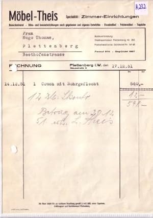 Rechnung Möbel-Theis Plettenberg Spezialität: Zimmer-Einrichtungen 1951