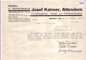 Schreiben Josef Keimer Attendorn Möbelhaus Teppichhaus Dampfsägewerk Polsterwerkstatt 1939