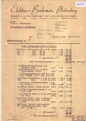 Rechnung Elektro Brehmer Plettenberg Elektro-Unternehmen für Industrie-Anlagen 1951