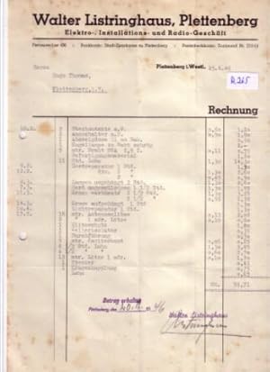 Rechnung Walter Listringhaus Plettenberg Elektroinstallation Radio-Geschäft 1946