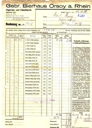 Rechnung Gebr. Bierhaus Orsoy am Rhein Zigarren- und Tabakfabrik 1938