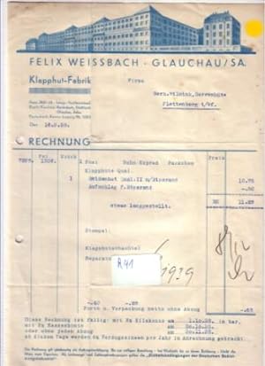 Rechnung Felix Weissbach Glauchau Sachsen Klapphut Fabrik 1938