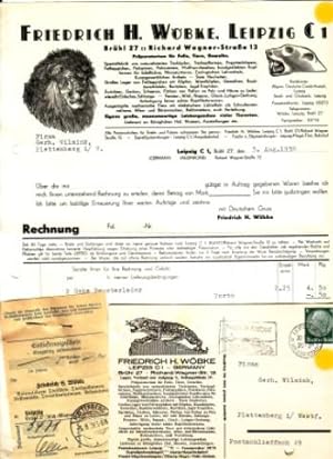 Rechnung Friedrich H. Wöbke Leipzig Präparatorium für Felle Tiere Geweihe Präparation 1938