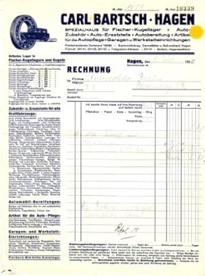 Rechnung Carl Bartsch Hagen Spezialhaus für Fischer-Kugellager Auto-Zubehör Auto-Ersatzteile 1938