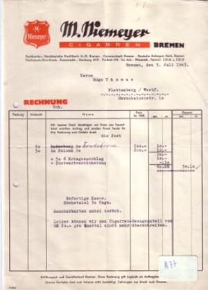 Rechnung M. Niemeyer Cigarren Zigarren Bremen Juli 1943