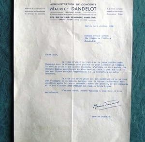 Lettre Autographe Signée de Maurice Dandelot à Yvonne Astruc en 1950.