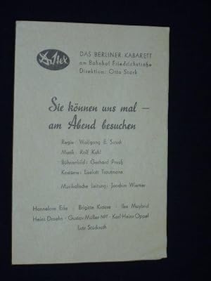 Imagen del vendedor de Programmzettel Die Distel Das Berliner Kabarett 1969. SIE KNNEN UNS MAL - AM ABEND BESUCHEN. Regie: Wolfgang E. Struck, Musik: Rolf Kuhl, Bhnenbild: Gerhard Preu, Kostme: Liselott Trautmann. Mit Hannelore Erle, Brigitte Krause, Ilse Maybrid, Heinz Draehn, Gustav Mller, Karl Heinz Oppel, Lutz Stckrath a la venta por Fast alles Theater! Antiquariat fr die darstellenden Knste