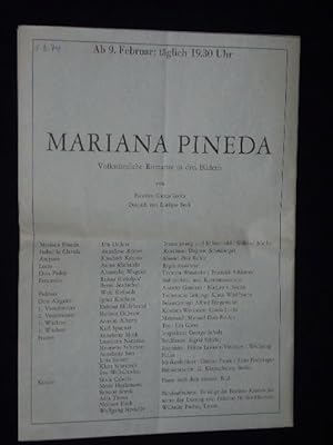 Seller image for Programmplakat Freie Volksbhne Berlin 1974. MARIANA PINEDA von Federico Garcia Lorca. Insz./Bhne: Wilfried Minks, Kostme: Dagmar Schauberger. Mit Ute Uellner, Anneliese Rmer, Elisabeth Kreuzer, Anina Kreuzer, Alexander Wagner, R. Rudolph, W. Richards, A. Alberty for sale by Fast alles Theater! Antiquariat fr die darstellenden Knste