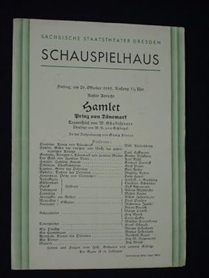 Bild des Verkufers fr Programmzettel Schsische Staatstheater Dresden, Schauspielhaus 29.10.1943. HAMLET von Shakespeare. Insz.: Georg Kiesau. Mit Paul Hoffmann (Hamlet), Virginia Dulon (Ophelia), Willi Kleinoschegg, Grethe Volckmar, Karl Rhl, Gothart Portloff, Erich Ponto, Fritz Werth, Fritz W. Reissmann, Reinhold Bauer, Frank Ostwald zum Verkauf von Fast alles Theater! Antiquariat fr die darstellenden Knste