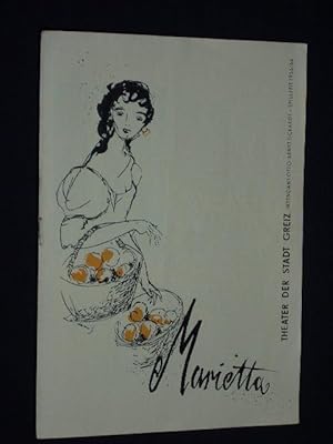 Bild des Verkufers fr Programmheft 20 Theater der Stadt Greiz 1956. MARIETTA von Bodansky/ Hardt-Warden, Walter Kollo (Musik). Insz.: Martin Eckermann, musikal. Ltg.: Willy Wngler, Bhnenbild: Horst Leiteritz, Kostme: Horst Ernst. Mit Gisela Kirchner, Helmut Khnel, Rudi Hartmann, Ruth Landauer, Will Partisch, Alfred Mordhorst, Jrgen Wald zum Verkauf von Fast alles Theater! Antiquariat fr die darstellenden Knste