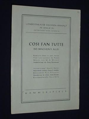 Bild des Verkufers fr Programmzettel Stdtische Bhnen Halle Kammerspiele 1949. COSI FAN TUTTE von da Ponte, Mozart (Musik). Insz.: Sigurd Baller, musikal. Ltg.: Georg C. Winkler, Bhnenbild: Paul Pilowski, Kostme: Vera Otto. Mit Erna Feyerabend, Elisabeth Korbler, Kurt Seipt, G. W. Zirkenbach, Irmgard Arnold, Johannes Zech zum Verkauf von Fast alles Theater! Antiquariat fr die darstellenden Knste