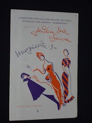 Bild des Verkufers fr Programmheft Landestheater Sachsen-Anhalt in Halle, Kammerspiele 1950. JEDEM DIE SEINE - MARGUERITE : 3 von Schwiefert, Friedrich Schrder (Musik). Insz.: Heinz Starck, Bhne: G. Rudolph-Wilde, Kostme: Anneliese Eigendorff, musikal. Einstud.: W.-A. Hnicke. Mit Joachim Tomaschewsky, Herbert Schneider, J. G. Seeling, Gisela May, H. W. Braun zum Verkauf von Fast alles Theater! Antiquariat fr die darstellenden Knste