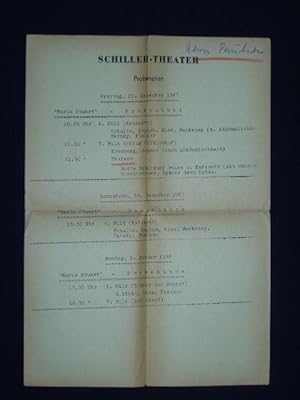 Bild des Verkufers fr Schiller-Theater Berlin, Probenplan fr 29./30. Dezember 1967 und 1. Januar 1968. Maria Stuart von Schiller zum Verkauf von Fast alles Theater! Antiquariat fr die darstellenden Knste