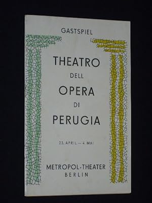 Imagen del vendedor de Programmheft Gastspiel Teatro dell Opera di Perugia im Metropol-Theater Berlin 23. April - 4. Mai 1958. MADAME BUTTERFLY von Illica/ Giacosa, Puccini (Musik). Musikal. Ltg.: Mario Rossini, Insz.: Frank de Quell, Ausstattung: Pier Luigi Pizzi. Mit Rina Malatrasi, Carlo Zampighi, Aurelio Oppicelli, Lola Pedretti, Enzo Guagni, Giuliano Ferrein a la venta por Fast alles Theater! Antiquariat fr die darstellenden Knste