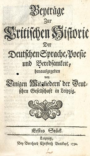 Image du vendeur pour Beytrge Zur Critischen Historie Der Deutschen Sprache, Poesie und Beredsamkeit, herausgegeben von Einigen Mitgliedern der Deutschen Gesellschaft in Leipzig (d. i. Gottsched, Lotter u. a.). 28 Stcke (von 32; ohne 25-28) in 6 Bnden. Halblederbd d. Z. (1-8; Kapitale beschabt), Pergamentbde d. Z. (9-16 und 21-24), Pappbd d. Z. (17-20) und Lederbd d. Z. mit Rckenschild und Vergoldung (beschabt). mis en vente par Antiquariat Wolfgang Braecklein