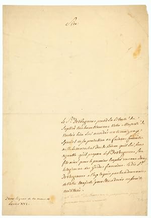 Bild des Verkufers fr Autograph Letter to Louis XVI in the third person, petitioning the King to recommend his son for a position in the Gardes Franaises; with 2 lines in the hand of Louis XVI zum Verkauf von James Cummins Bookseller, ABAA